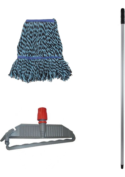 Geniş Yedek Islak Mop Paspas Takımı - 25 Cm 500  gr Islak Mop + Mop Tutucu + Metal Vidalı Sap