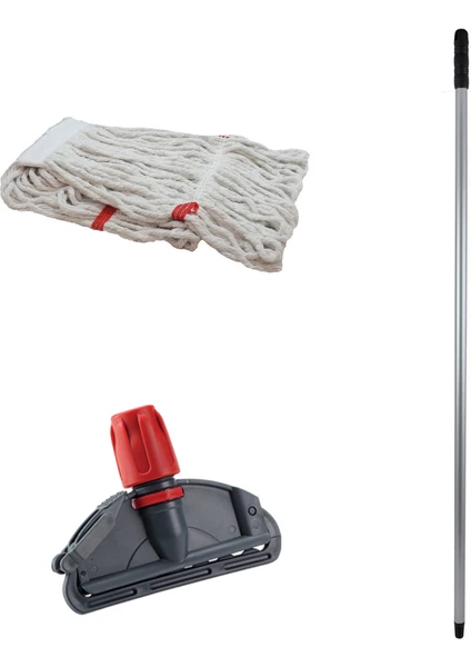 Çift Kovalı Temizlik Arabası Seti Yedek Mop Takımı - 350  gr - 17CM Dar Beyaz Islak Mop + Mop Tutucu + Sap