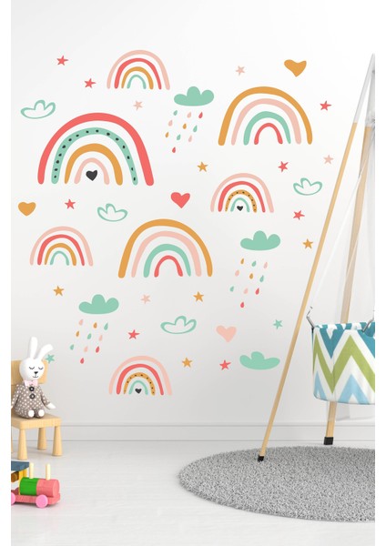 Minik Gökkuşağı, Bulut ve Yağmur Damlacıkları Çocuk Odası Duvar Sticker