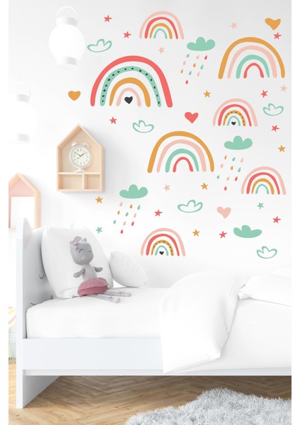 Minik Gökkuşağı, Bulut ve Yağmur Damlacıkları Çocuk Odası Duvar Sticker fiyatları
