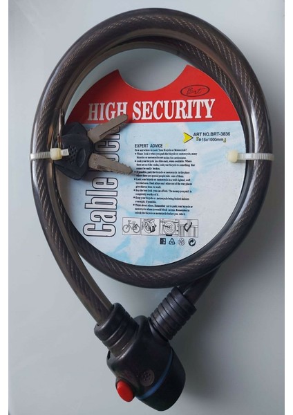 Zhongli Cable Lock 15X1000 mm Boyunda  Dayanıklı Bisiklet ve Motor Kilidi