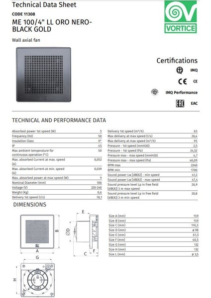 Düşük Ses Seviyesi 26.9 Db(A) Mimari Uygulama Ideal Tasarım Kesintisiz Çalışma Havalandırma Fanı Banyo Mutfak Salon Oda Agmair Agm Punto Evo Bianco White Gold Dekoratif