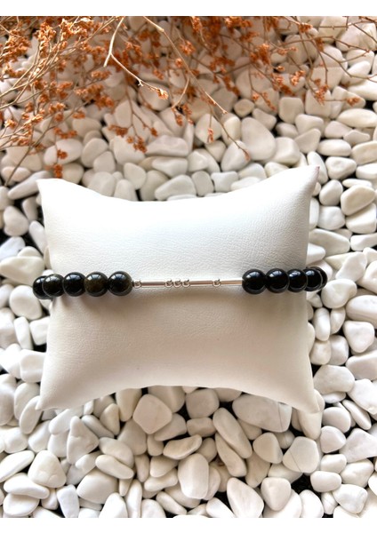 Obsidyen Doğal Taş 925 Ayar Gümüş Mors Alfabesi Bileklik + Bileklik