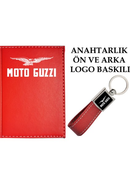 Moto Guzzı Logolu Kırmızı Ruhsat Kabı ve Moto Guzzı Logolu Anahtarlık
