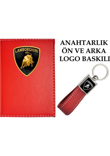 Lamborghını Logolu Kırmızı Ruhsat Kabı ve Lamborghını Logolu Anahtarlık