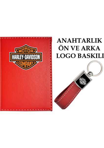 Harley Davıdson Logolu Kırmızı Ruhsat Kabı ve Harley Davıdson Logolu Anahtarlık