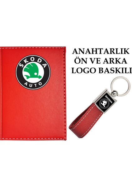 Skoda Logolu Kırmızı Ruhsat Kabı ve Skoda Logolu Anahtarlık