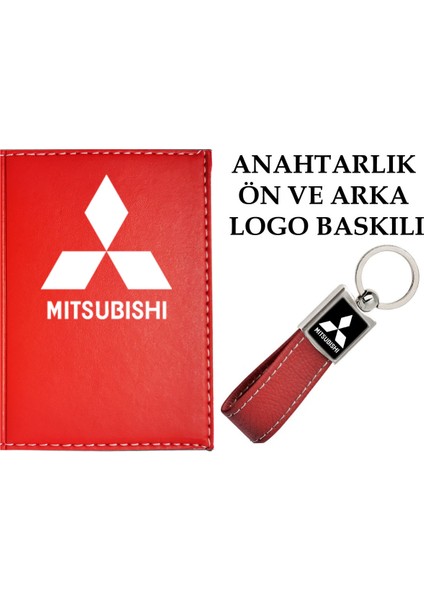Mıtsubıshı Logolu Kırmızı Ruhsat Kabı ve Mıtsubısh Logolu Anahtarlık