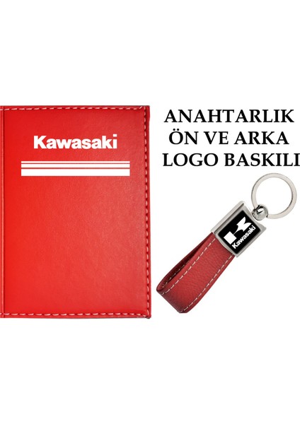 Kawasakı Logolu Kırmızı Ruhsat Kabı ve Kawasakı Logolu Anahtarlık