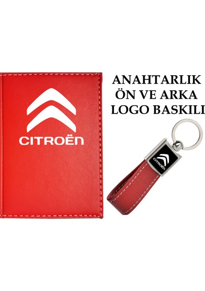 Cıtroen Logolu Kırmızı Ruhsat Kabı ve Cıtroen Logolu Anahtarlık