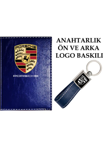 Porche Logolu Lacivert Ruhsat Kabı ve Porche Logolu Anahtarlık