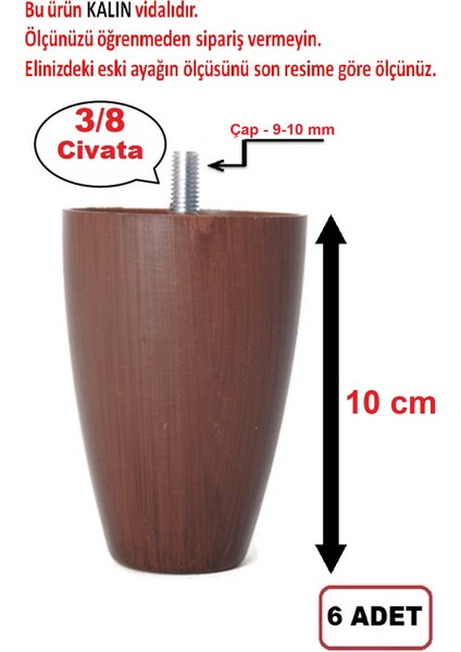 Armut Plastik Baza Ayağı Koltuk - Kanepe Ayağı 6 Adet Ceviz 10 cm 3/8 Vida - (Vida Ölçüsüne Dikkat) fiyatları