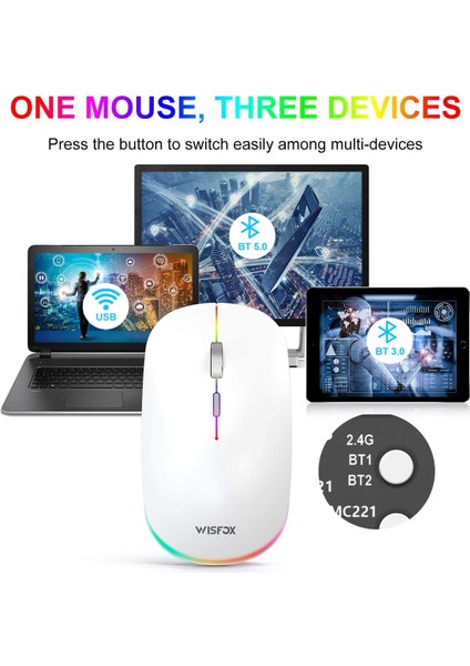 Venta Caliente Rgb Kablosuz Fare, 2.4g Şarj Edilebilir Sessiz Kablosuz Bluetooth Fare, LED Ergonomik Fare (Yurt Dışından)