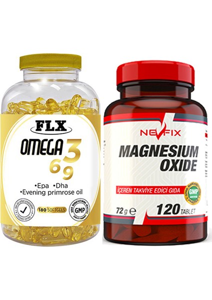 Omega 3-6-9 Balık Yağı 180 Softgel Nevfix Magnesium Oxide Magnezyum 250 Mg 120 Tablet