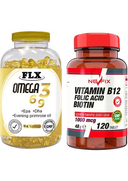 Omega 3-6-9 Balık Yağı 90 Softgel Nevfix Vitamin B12 1000 Mcg 120 Tablet