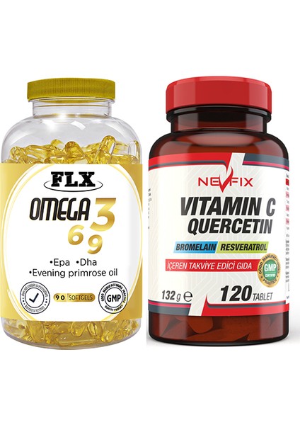 Omega 3-6-9 Balık Yağı 90 Softgel Nevfix Vitamin C Quercetin Bromelain 120 Tablet