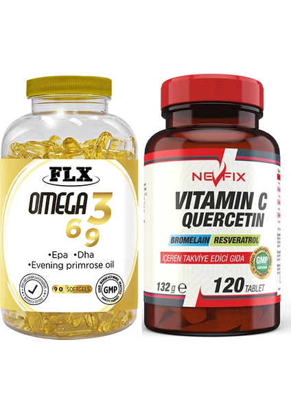 Flx Omega 3-6-9 Balık Yağı 90 Softgel  Nevfix Vitamin C Quercetin Bromelain 120 Tablet