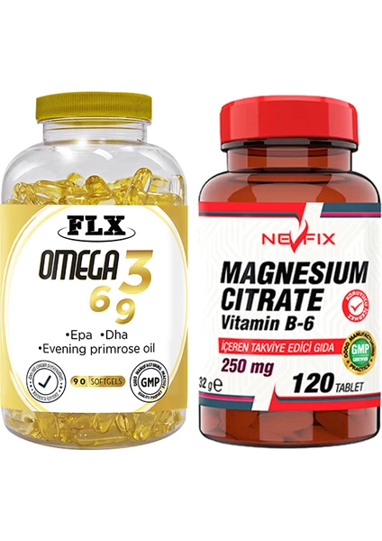 Flx Omega 3-6-9 Balık Yağı 90 Softgel  Nevfix Magnesıum Cıtrate Vitamin B-6 120 Tablet