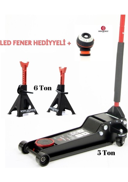 5 Ton Kriko Çift Piston ve 6 Ton Araç Altı Sehpa ve LED Fener Hediyeli Set