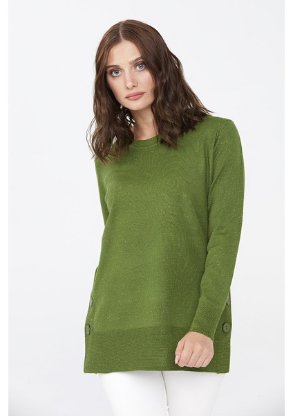 Kadın Yanları ve Eteği Düğmeli Simli Kazak 02421370 Yeşil