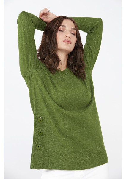 Kadın Yanları ve Eteği Düğmeli Simli Kazak 02421370 Yeşil fiyatları