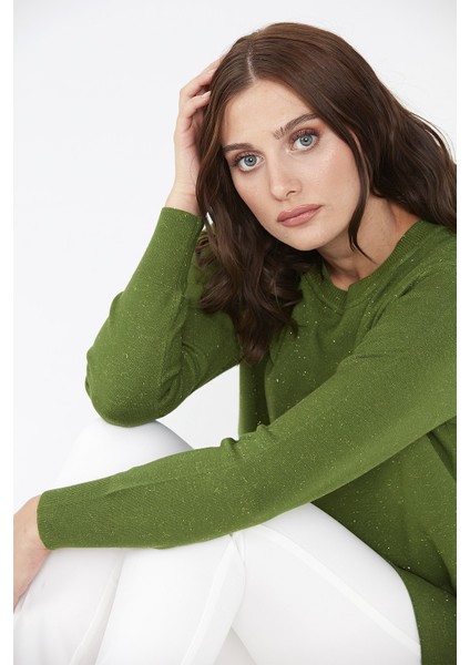 Kadın Yanları ve Eteği Düğmeli Simli Kazak 02421370 Yeşil modelleri