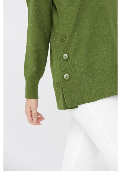 Kadın Yanları ve Eteği Düğmeli Simli Kazak 02421370 Yeşil fırsatları