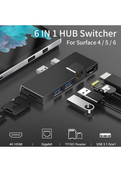 6 In 1 Yerleştirme Istasyonu HDMI 2x Ayırıcı Adaptörü Yüzey Pro 4/5/6 Siyah (Yurt Dışından)