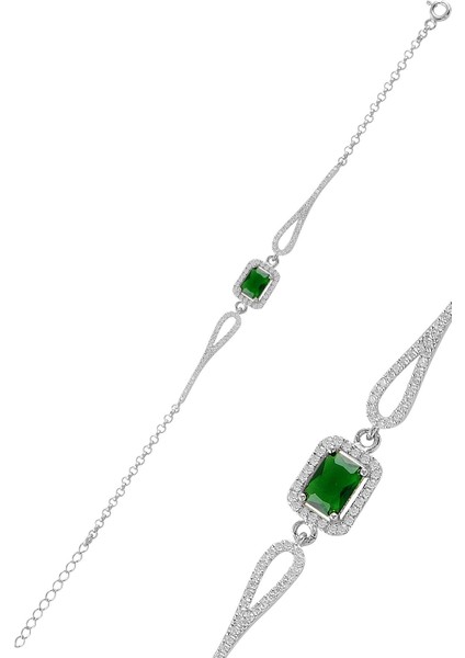 Gümüş Pırlanta Modeli Yeşil Zirkon Taşlı Baget Bileklik