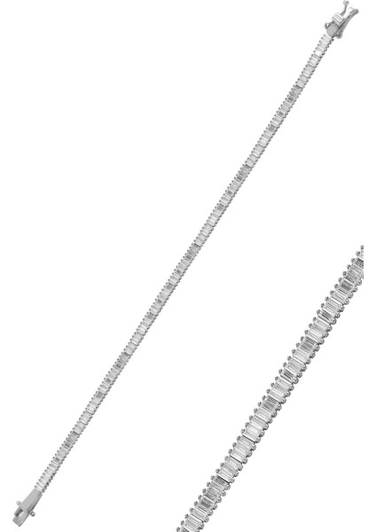 Gümüş Pırlanta Modeli Beyaz Altın Rodajlı Baget Taşlı Bileklik