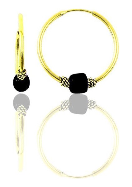 Gümüş Altın Yaldızlı 14 mm Siyah Taşlı Halka Küpe