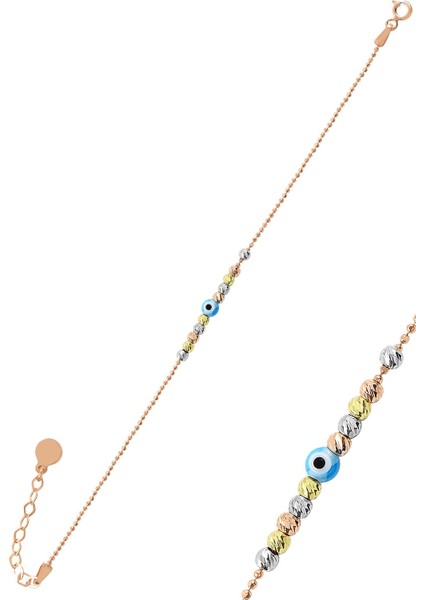 Gümüş Altın Yaldızlı Rodaj ve Rose Renkli Nazarlı Dorissa Dorica Bileklik