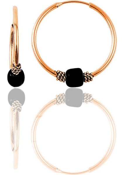 Gümüş Rose 17 mm Siyah Taşlı Halka Küpe