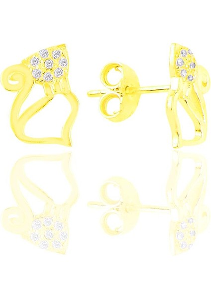 Gümüş Altın Yaldızlı Zirkon Taşlı Kedi Küpe