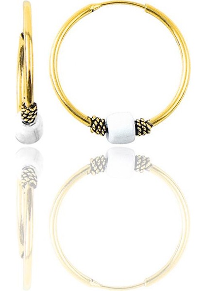 Gümüş Altın Yaldızlı 17 mm Beyaz Taşlı Halka Küpe