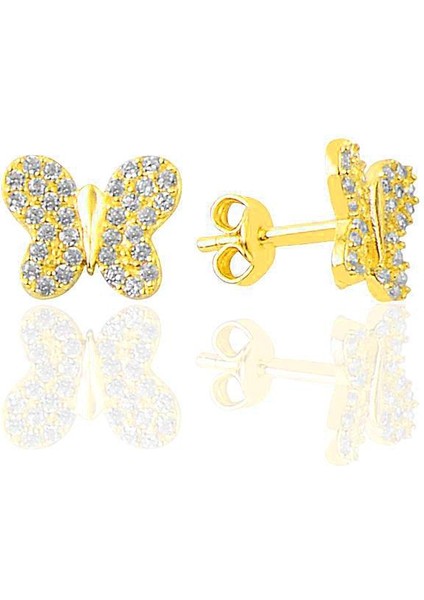 Gümüş Altın Yaldızlı Zirkon Taşlı Kelebek Küpe