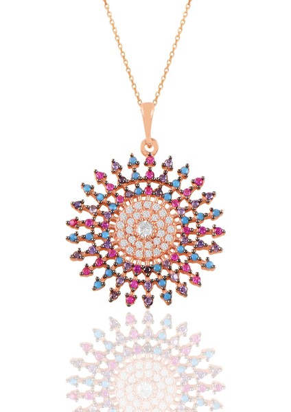 Gümüş Rose Renkli Taşlı Tasarım Kolye