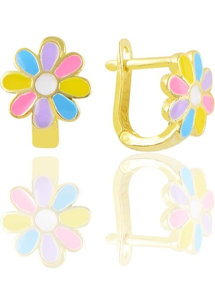 Gümüş Altın Yaldızlı Renkli Mineli Klipsli Papatya Küpe
