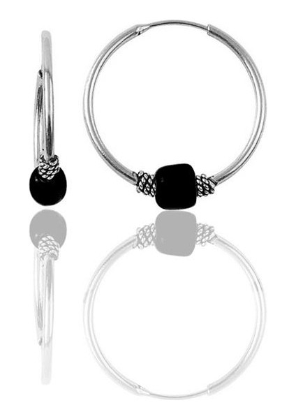 Gümüş 14 mm Siyah Taşlı Halka Küpe