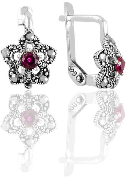 Gümüş Markazit ve Kök Yakut Taşlı Lotus Modeli Küpe