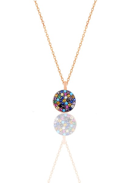 Gümüş Rose Renkli Taşlı Yuvarlak Kolye