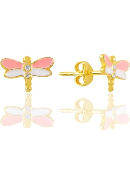 Gümüş Altın Yaldızlı Pembe Mineli Zirkon Taşlı Yusufçuk Küpe