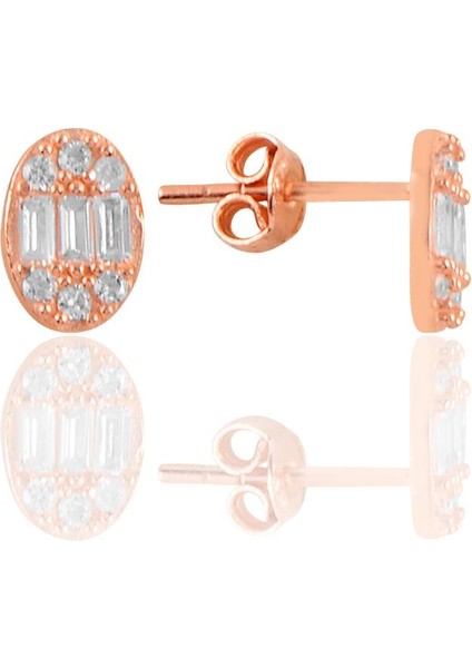 Gümüş Rose Zirkon Baget Taşlı Oval Küpe