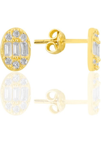 Gümüş Altın Yaldızlı Zirkon Baget Taşlı Oval Küpe