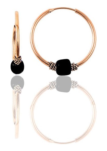 Gümüş Rose 14 mm Siyah Taşlı Halka Küpe