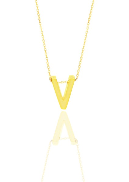 Gümüş Altın Yaldızlı Üç Boyutlu Minimal V Harf Kolye