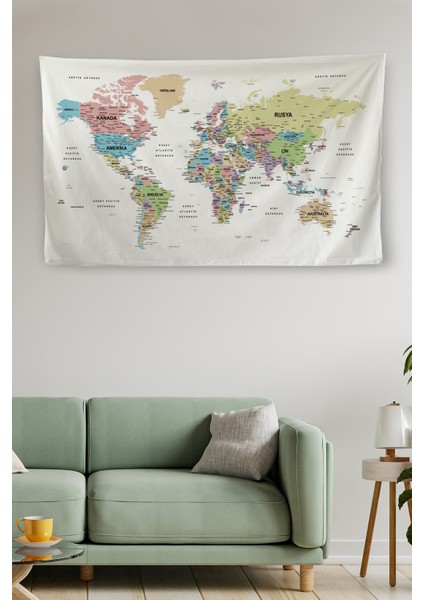 Duvar Örtüsü / Halısı Detaylı Dünya Haritası Kanvas Kumaş
