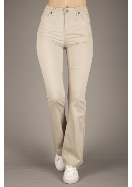Kadın Bej Yüksek Bel Ispanyol Paça Pantolon