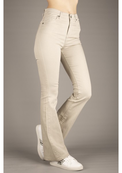 Kadın Bej Yüksek Bel Ispanyol Paça Pantolon fiyatları
