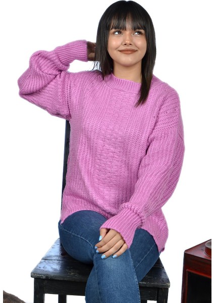 Yandan Yırtmaçlı Bayan Yün Kazak Pembe